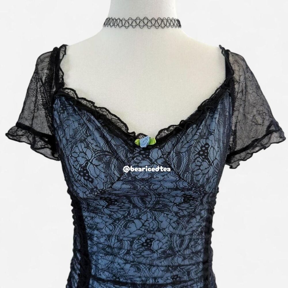 Y2K Black Floral Lace Blue Mini Dress Goth Coquette Grunge Alt